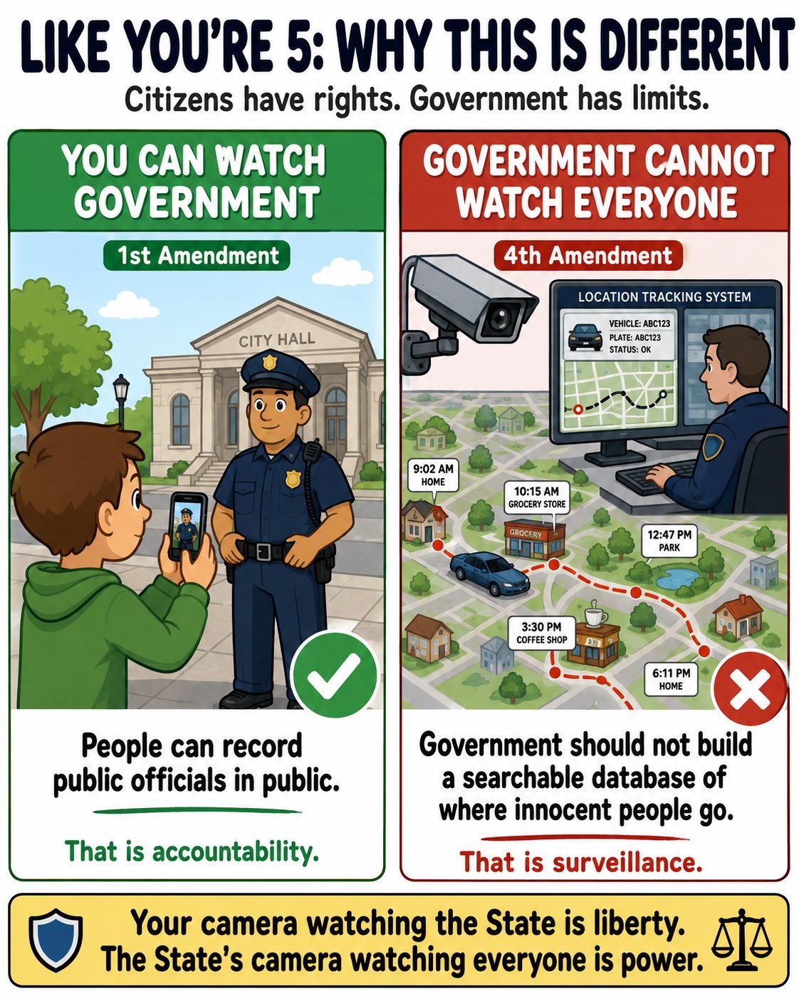 An infographic contrasting a citizen filming a police officer in public, labeled the First Amendment and accountability, with a surveillance camera feeding a location-tracking map of an ordinary person’s day to a police dashboard, labeled the Fourth Amendment and surveillance.